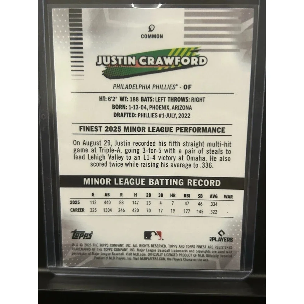 Topps Finest 2026 Justin Crawford #76 Philadelphia Phillies MLB Rookie Card